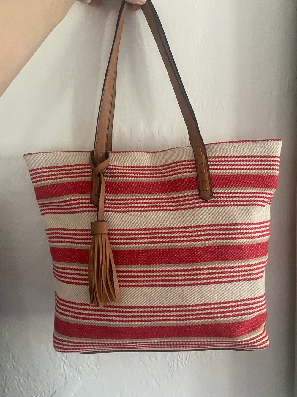 Striped Red & Cream Tote Bag with Tan Leather Handles
